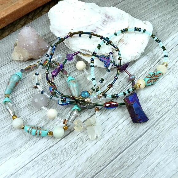 5 Pc Mix & Match Stretch Bracelet Set, Boho Chic, Statement Jewelry - Picture 2 of 8